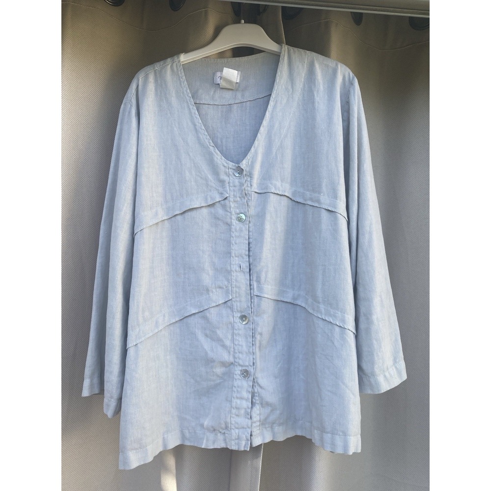 VTG Mosaic USA Sage Green 100% Linen Button Front Relaxed Fit Blouse  Sz XL
